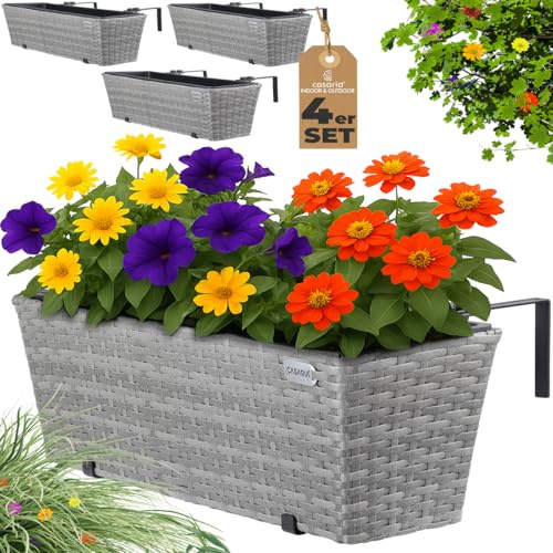 CASARIA® 4X Maceteros de Balcón Gris 60x20x19 11L Jardinera Soporte Maceta de Plástico Colgante Terraza