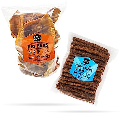 Sitka Farms Pig Ears (25 Pack) + Beef Sticks 5 (50 Pack) Dog Treats Crunchy Dog Treats Bundle