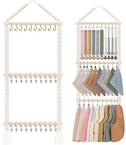 POVETIRE Pacifier Clip Holder Baby Bibs Organizer, Neutral Baby Bandana Drool Bibs Holder - Baby Burp Cloths Organizer Storage Hanging Wall Decor for Nursery Newborn Infant Girls and Boys Room