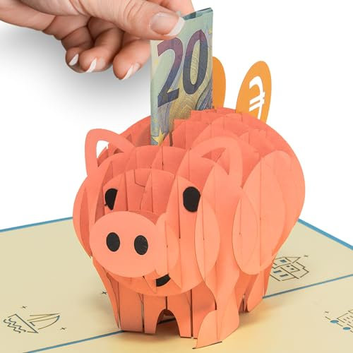 LINPOPUP® Pop-Up Karte Sparschwein - Geburtstag Geldgeschenk, mit integriertem Geldfach als Gutschein Grußkarte Geldschein Verpackung Umschlag, Geldkarte Geburtstag, N41