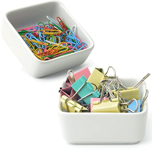 MONOSUGO Ceramic Paper Clip Holder 2 PCS Set, Square Paper Clip Dispenser Organizer for Desk, Cute Office Binder Clip Holder Bobby Pin and Hair Clip Holder, Paper Clamp Holders Gift for Office, White