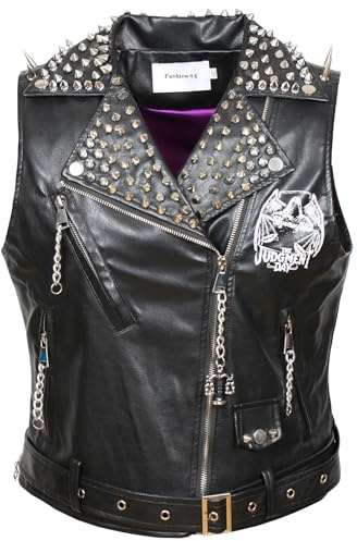 Fashion SX Men's punk rock rivet leather jacket club motorcycle bicycle slim fit printed leather vest(XL-Black)