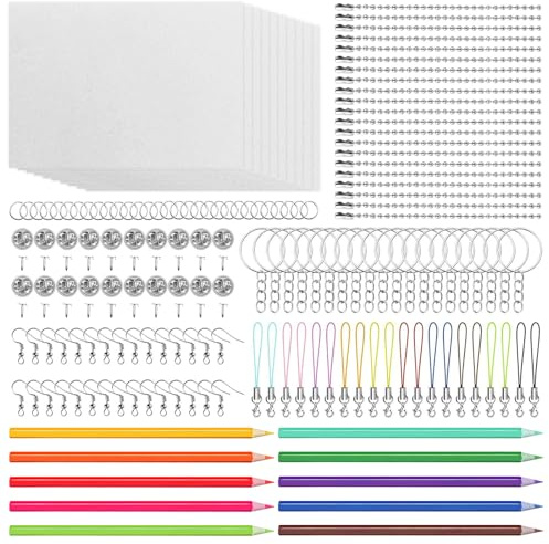 Yauhar 161Pcs Shrink Plastic Sheet Kit W Blank Sheets Shrinky Art Paper, Colored Pencils, Keychains Accessories, Earring Hooks, Butterfly Clutch Tie Tacks, Lobster Clasp Cords for Crafting