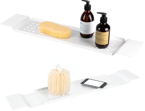 DABSTORY Plateau de baignoire en acier inoxydable réglable 70 cm à 94 cm Plateau de salle de bain rectangulaire Boîte de rangement rectangulaire pour bougies, savon, serviettes (blanc)