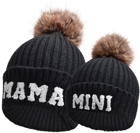 Kunyeah 2 st förälder-barn beanie mössa kvinnor broderi stickad hatt mamma och baby matchande hattar vinter varm mössa med pom-pom, svart, En Storlek