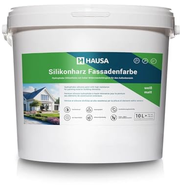 Hausa Silikonharz Fassadenfarbe 10L weiß matt, hochdeckende hydrophobe Außenfarbe mit Abperleffekt für alle Außenputze, Beton, Zement, Mauerwerk, Ziegel, witterungsbeständig atmungsaktiv