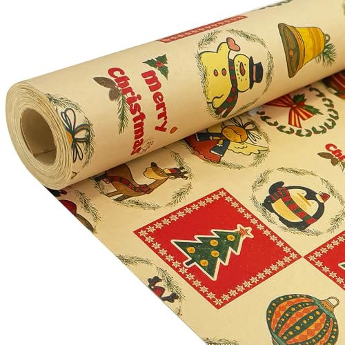 Geschenkpapierrolle für Weihnachten: Kraft-Geschenkpapier mit festlichem Design, 43 cm x 15 m, Weihnachtspapier zum Verpacken von Geschenken