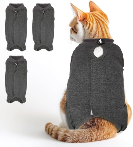 3 st kattåterhämtningsdräkt för spay magsår kvinna, katt-onesie för katter efter kirurgi, kirurgi återhämtningsdräkt andningsbar alternativ kattunge onesie för katter som inte slickar (grå, M)