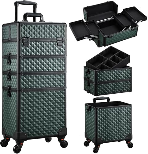 Professional 4-in-1 Large Makeup Trolley Beauty Cosmetics Vanity Organizer Rolling Make up Train Case Hairdressing Storage Box with Universal Wheels and Key Locks 4 Tiers (Dark Green)