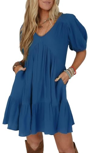 Acelitt Women's Summer Dresses 2026 Beach Casual Deep V Neck Loose Sundress Short Sleeve Mini Dress with Pockets Blue XX-Large