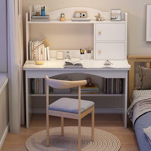 Yadlan Study Desk for Kids Ages 8-12 with Storage, Children Desk with 2 Cabinets, Wooden Kids Desk with Bookshelf and Storage Area, Children and Student Writing Table White 100cm