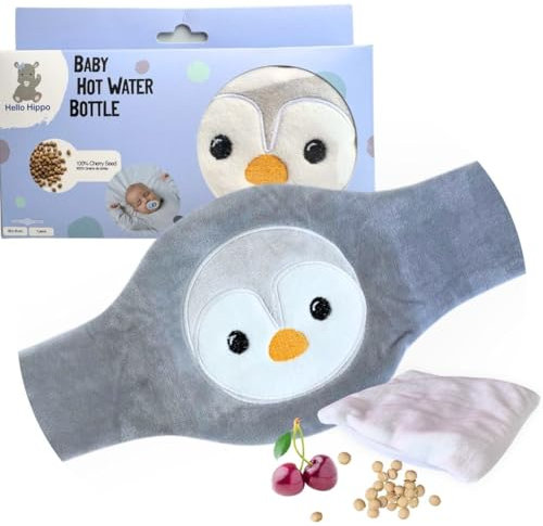 Hello Hippo – Baby Wärmegürtel aus Kirschkernen – Kirschkernkissen für Babys & Neugeborene – Gegen Koliken & Bauchschmerzen – Mikrowelle oder Ofen, Hipoallergen & Waschbar (Pinguin)