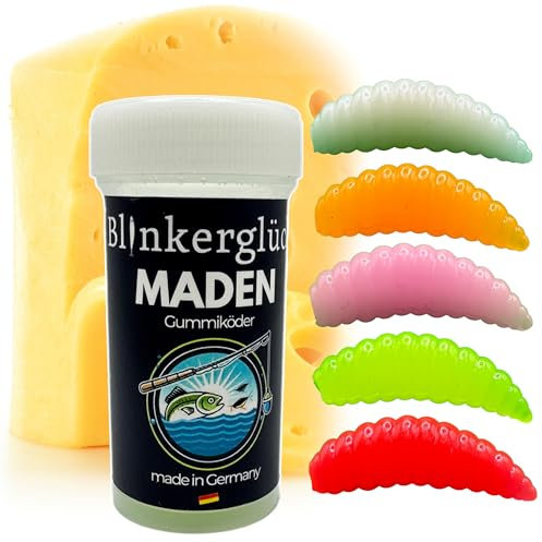 Blinkerglück Kunstmaden – 10 Stück 4 cm weiche Maden mit Käse-Aroma in wiederverschließbarer Dose (Farbmix)