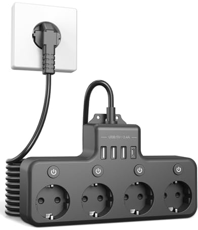 Vipwell Steckdosenleiste Wandmontage mit Schalter - Mehrfachsteckdose mit USB-C & USB-A - Einzeln Schaltbar - 4 Fach Steckdose mit 2m Verlängerungskabel für Homeoffice, Gaming, Hotel