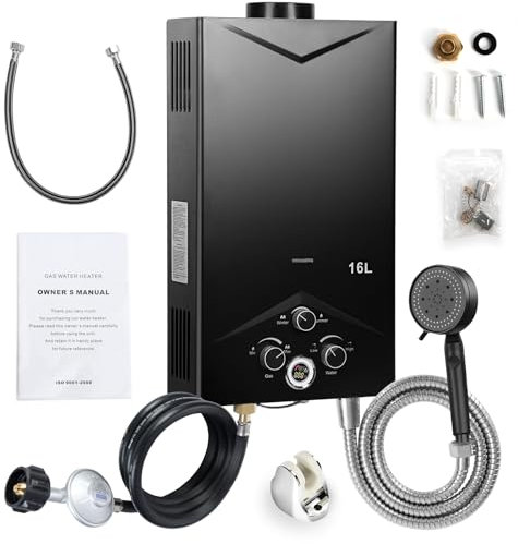 Calentador de agua sin tanque 4.21 gmm, calentador de agua de gas portátil con pantalla digital, calentador de tanque exterior 16L, aumento de temperatura rápido 167 ° F, ahorro en negro
