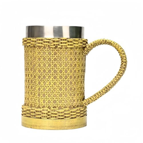 Drawelry Retro Bierkrüge mit Edelstahl Liner Bambus Rattan Handgewebt Griff Bierkrug Trinkbecher 600ml Bier Becher Kaffeetasse Bierseidel Vatertag Geburtstag Geschenke für Papa Opa Freund (C)