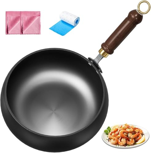 Padella in ferro giapponese forgiato, senza rivestimento, pentola in ferro forgiato a mano tradizionalmente con coperchio in legno/coperchio in vetro (senza copertura, 30 cm)