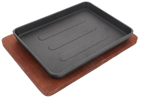 Zerodeko Molde Para Hornear De Hierro Fundido Para Carne Plato Para Servir Bistec Con Base De Madera Bandeja Para Cocinar y Asar Barbacoa