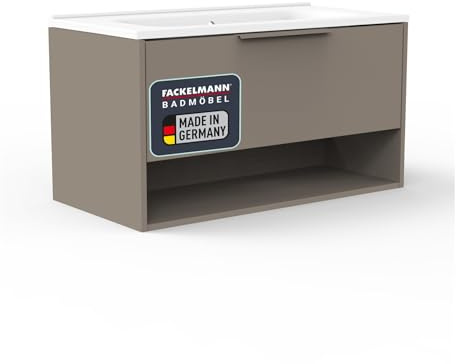 FACKELMANN B.Paris Waschbecken mit Unterschrank – Elegantes Möbel-Set in Cubanit Grau, 91cm, Gussmarmorbecken, 1 Schublade, beleuchtetes Fach mit Bewegungsmelder – Made in Germany
