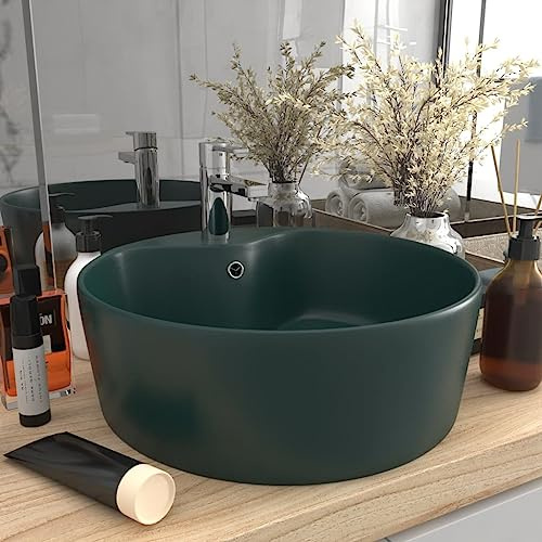 Lavabo da Appoggio Rotondo, in Ceramica con Troppopieno, Design Moderno, Colore Verde Scuro Opaco, Ideale per Bagno o Lavanderia, 36 x 13 cm
