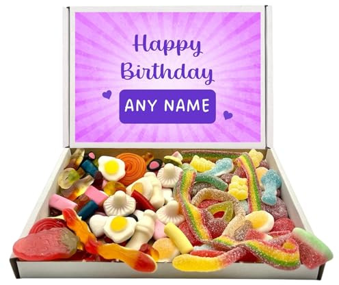 Any Name Personalised Happy Birthday Popular Quality Pick n Mix Sweets Letterbox Gift Selection (Jelly and Fizzy Mixes, 200g of each Lilac Topper)