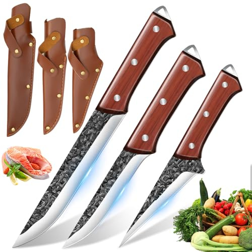 MDHANDD Profi Schlachtermesser 3-Teilig Metzgermesser Set-Filetiermesser & Hackmesser & Schälmesser extrem Scharf mit Ergonomischer Holzgriff, für Fleischverarbeitung und BBQ.