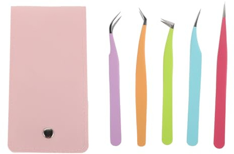 Ipetboom Juego de Pinzas para Extensiones de Pestañas de Acero Inoxidable 5 Pinzas Metálicas de Alta Precisión Punta Curva y Recta Color Rosa Brillante Kit Profesional para Aplicación