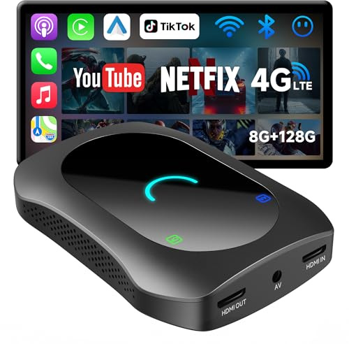 CarPlay Android Auto Wireless Adapter + Android OS, Car VideoBox mit HDMI In/Out, 4G LTE, Dual-BT&WLAN, GPS, OTA, DriveChat AI Voice, AI Box CarPlay für Netflix/YouTube/TikTok/TF-Karte,256GB