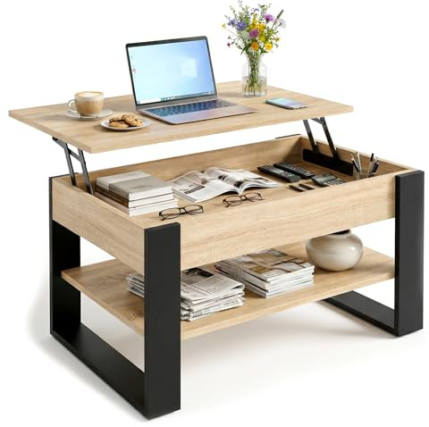 CraftPAK Couchtisch höhenverstellbar mit Stauraum - Couchtische - Wohnzimmertisch klappbar - höhenverstellbarer Coffee Table - Wohnzimmer Tisch Holz Braun