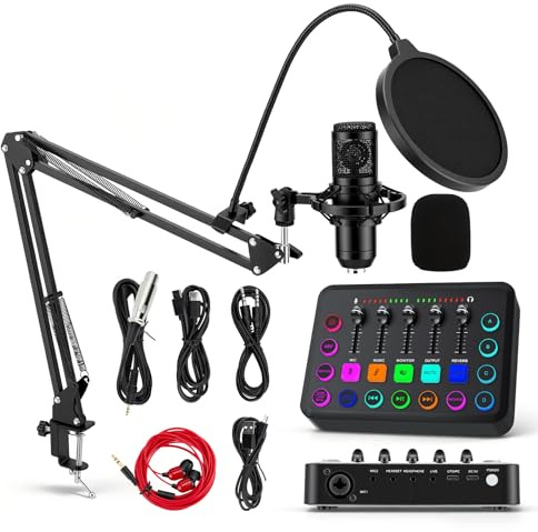 Kit de micrófono Podcast con interfaz de audio y tarjeta de sonido, micrófono condensador BM-800 para transmisión en vivo, canto, juegos y grabación, compatible con PC/portátil, YouTube/TikTok