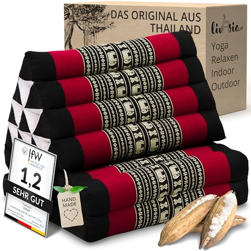 livasia Thaikissen mit 2 Auflagen - 120x50x8cm - Dreieckskissen mit Sitzkissen, Keilkissen mit Kapok, Rückenkissen faltbar, Thaimatte zum Klappen, handgefertigt, Meditationskissen (Schwarz/Elefanten)