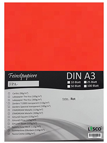 GMUND Transparentpapier DIN A3 Farbe Rot / LYSCO® Feinstpapierset mit 50 Blatt Inhalt (FPA-122) - bedruckbar, sehr gute Qualität, für Einladungen, als Einlegeblätter für Alben, Fotoalben, Fensterbilder, Bastelarbeiten uvm.