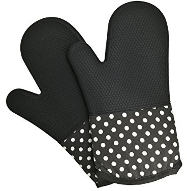 1 Paire de Gants de Four Professionnels Épais Résistants à la Chaleur Maniques Gants de Cuisson en Coton et Silicone Protection Contre la Chaleur Jusqu'à 300 ° C - Noir à Pois