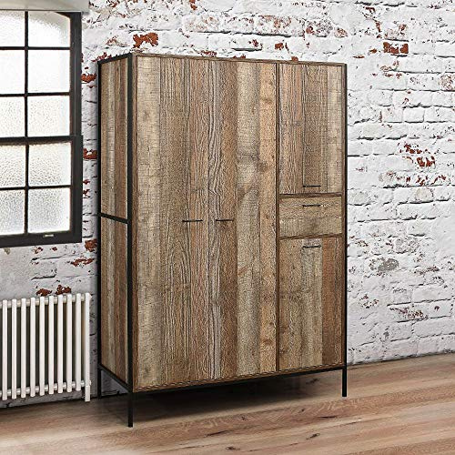 happybeds 4 Door Wardrobe, Urban Wood and Metal Rustic Storage Wardrobe - 180cm x 124cm x 52cm