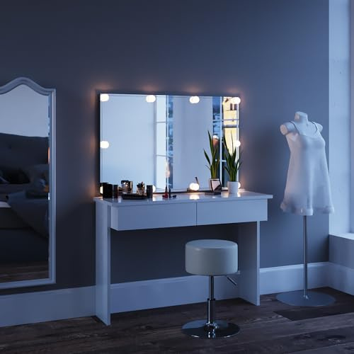 Vicco Schminktisch Azur, Weiß, 120 cm mit LED Beleuchtung und Hocker, Zwei leichtgängige Schubladen – Paletten, Pinsel & Schmuck sofort Sortiert