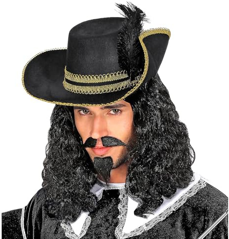 W WIDMANN MILANO Party Fashion - Musketier Perücke | Schwarze Perücke mit Schnurr- und Kinnbart für Karneval und Mottoparty