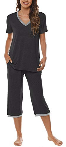 JINSHI Short Sleeve Sleepwear for Women Loose Fitting Jersey Knit PJ's Set Lightweight Cute Ladies Normally Wear Set Dark Grey X-Large