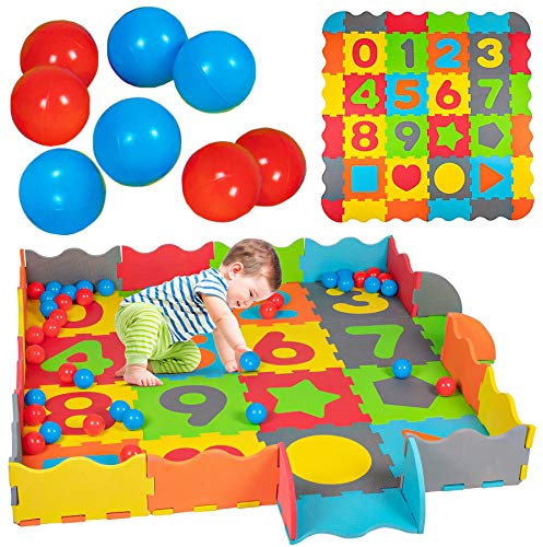 93-teilig Baby Puzzlematte mit Rand Bällen Spielmatte Spielteppich Krabbelmatte Puzzleteppich Bällebad Schaumstoff Bodenpuzzle Puzzle Kinder bunt Symbole & Zahlen