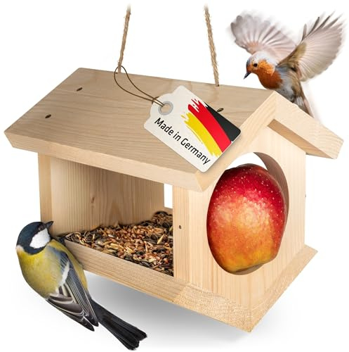 GARDIGO® Vogelfutterhaus für Körnerfutter, Äpfel und Meisenknödel I Made in Germany I Wetterfest, naturbelassen, mit Schnur zum Aufhängen im Garten