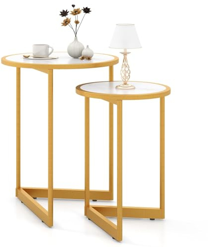 COSTWAY 2er Set Couchtisch mit Marmoroptik, Beistelltisch Holz mit goldfarbenem Metallbeinen, Kaffeetische Satz modern, kompakt, für Wohnzimmer und Schlafzimmer, weiß
