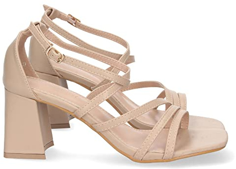 shoes&blues.es 71390 Sandalia de Tacon para Mujer, Comoda, con Palas Finas Cruzadas, y Cierre de Hebilla, Primavera Verano 2023 Beige Talla 37