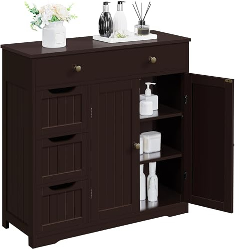 Topeakmart Bathroom Free-Standing Floor Cabinet, Practical Large Storage Cabinet with 4 Drawers and 2 Doors for Kitchen, Entrance Area, Living Room, Adjustable Shelf, Ample Space Espresso