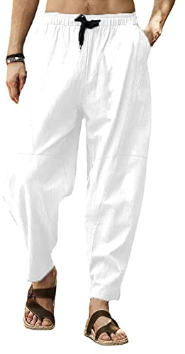 Cooleep Pantaloni Lino Uomo Estivi Casual Pantaloni Elasticizzati Leggeri da Yoga Spiaggia Bianco M