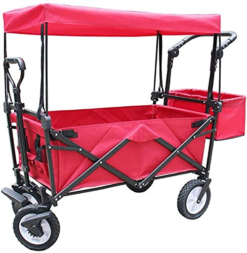All-Terrain-Klappwagen mit Vordach, zusammenklappbarer Gartenwagen-Transportwagen für den Außenbereich, robuster, zusammenklappbarer tragbarer Handwagen zum Einkaufen, Camping (rot) (rot)