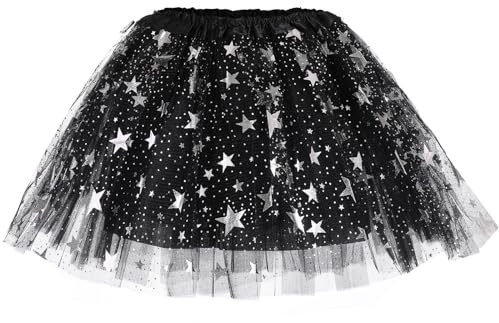 PLIKSUVER Jupes Tutu pour Filles, Etoiles Sequins 3 Couches en Tulle Enfants, Dance Ballet Tutu Jupes Taille Elastique Fête Anniversaire pour Filles 3-8 Ans (Noir)