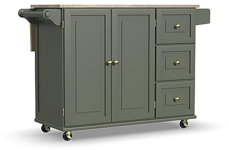 Homestyles Mobile Kitchen Island Cart with Wood Top and Dropleaf Breakfast Bar, 18 D x 53.5 W x 36 H, Green