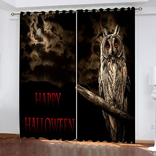 MAYNUO Blickdichte Vorhänge Mit Motiv 3D Halloween Eule Kinder Gardinen Blickdicht Ösen Gardine Thermo 264x214 cm Schlafzimmer Kinderzimmer Vorhänge Dekoratives Muster, Verdunklungsvorhänge