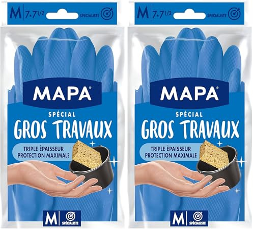 Mapa - Gros Travaux - Gants de Ménage Doublure Textile et Triple Epaisseur - Idéal gros travaux d'intérieur - 1 paire - Taille M (Lot de 2)