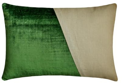 Fabric Mart Direct Decorative Emerald Green 30x55 cm (12x22) Lumbar Cushion Covers, Velvet & Linen Solid Color Block Lumbar Cushion Covers, Patchwork Pattern Modern Style - Velutinous Emerald