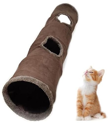 Tunnel droit pour chat - Tunnel pliable en peluche avec balle jouet pour chat pour chatons, chiots, lapins, lapins et petits chiens (marron, 129,5 x 30,5 cm)